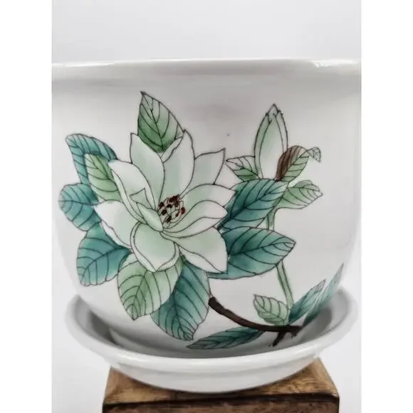Magnolia Ceramic Flower Pot & Drip Tray | 5" Diameter | No Chips/Cracks - Picture 3 of 9
